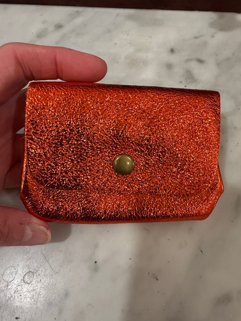 Sparkling Orange Metallic Snap Card Holder leather made in Italy